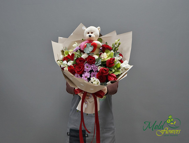 Bouquet with Teddy Bear, Roses, Eustoma, Chrysanthemum, and Orchid photo